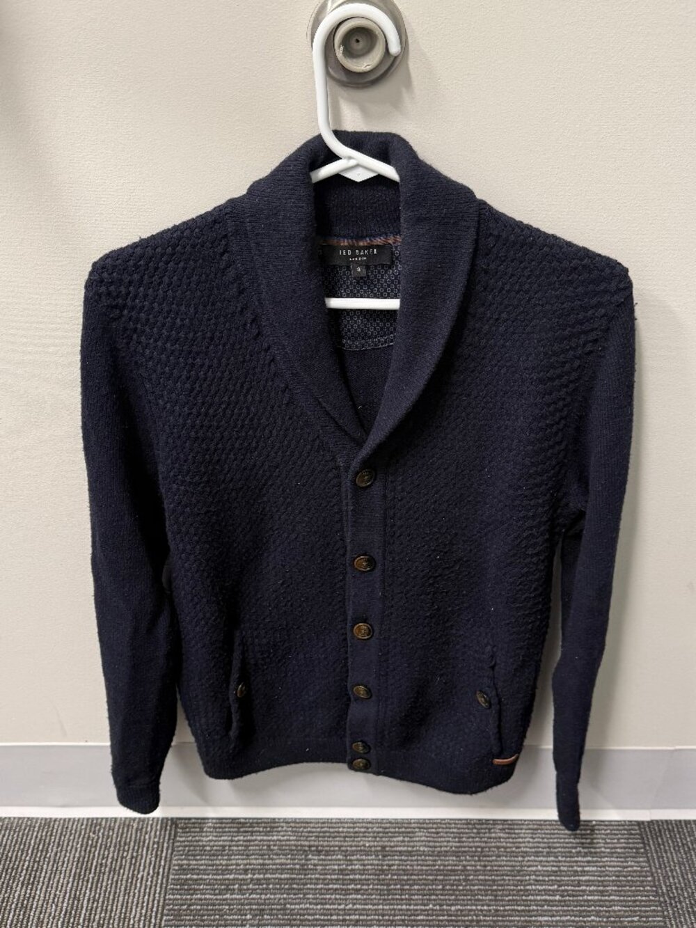 Ted Baker London Textured Wool Shawl Cardigan Sweater - Size 3 - Navy